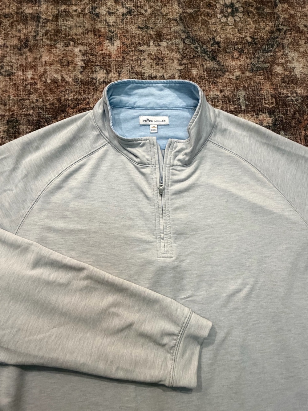 Peter Millar Light Gray Half-Zip Pullover Collar with crown on the back